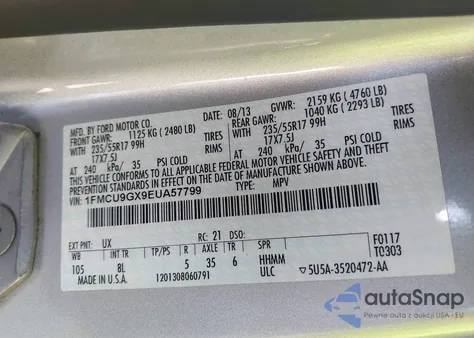 2014 Ford Escape Se z USA, uszkodzony, nr VIN 1FMCU9GX9EUA57799